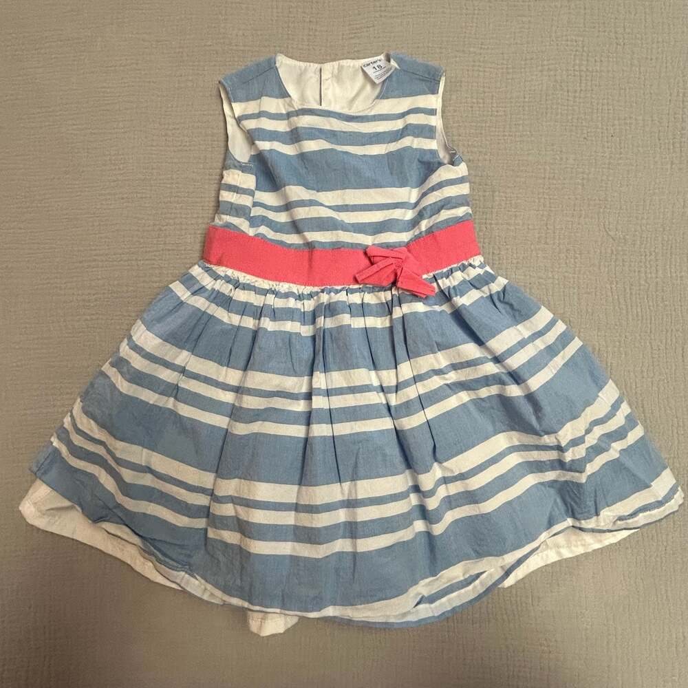 Carter's Blue and White Striped Poplin Dress with Pink Bow